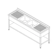 Mosogatógépasztal - 2 mosogatóval - hátfal és polccal - 190 x 70cm