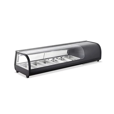 Sushi asztali hűtővitrin 150 cm-es, 6×GN1/3, leheletvédő üveggel, fekete színű, Ferrara