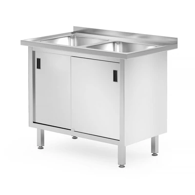 Kétmedencés mosogatószekrény – hegesztett, tolóajtókkal, HENDI, Profi Line, 1000x600x(H)850mm
