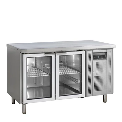 Tefcold Rozsdamentes hűtött munkaasztal, 2 üveg ajtós - oldalsó kompresszor