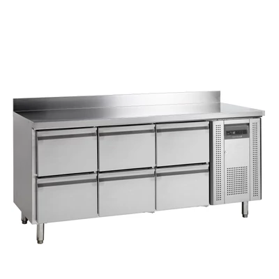 Tefcold Rozsdamentes hűtött munkaasztal, 6 fiókos - oldalsó kompresszor