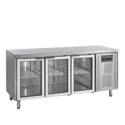 Tefcold Rozsdamentes hűtött munkaasztal, 3 üveg ajtós - oldalsó kompresszor